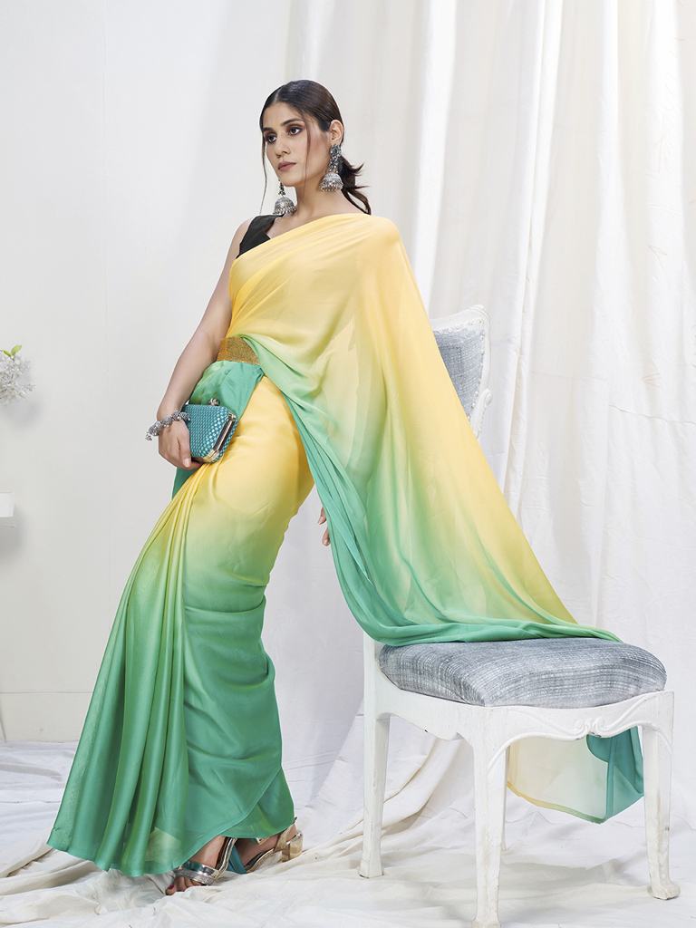 Yellow-Teal Ready to Wear One Minute Lycra Saree