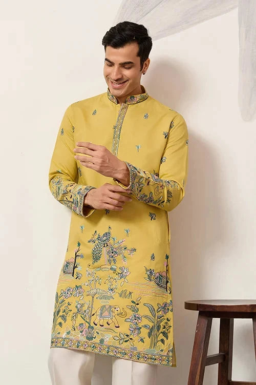Elegant Haldi Yellow Mens Wear Kurta for Wedding Function