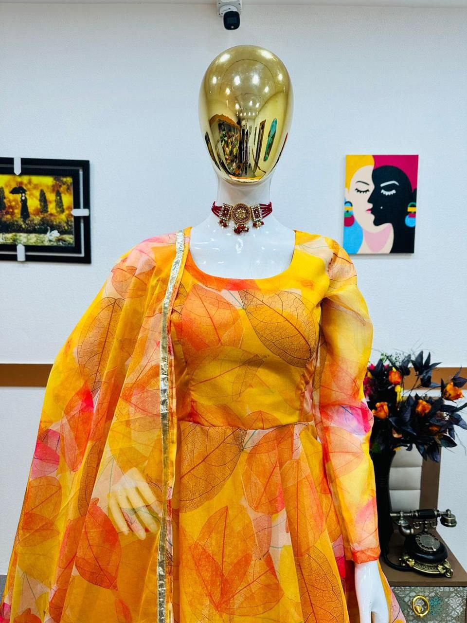 Yellow Anarkali Gown in Organza with Digital Print