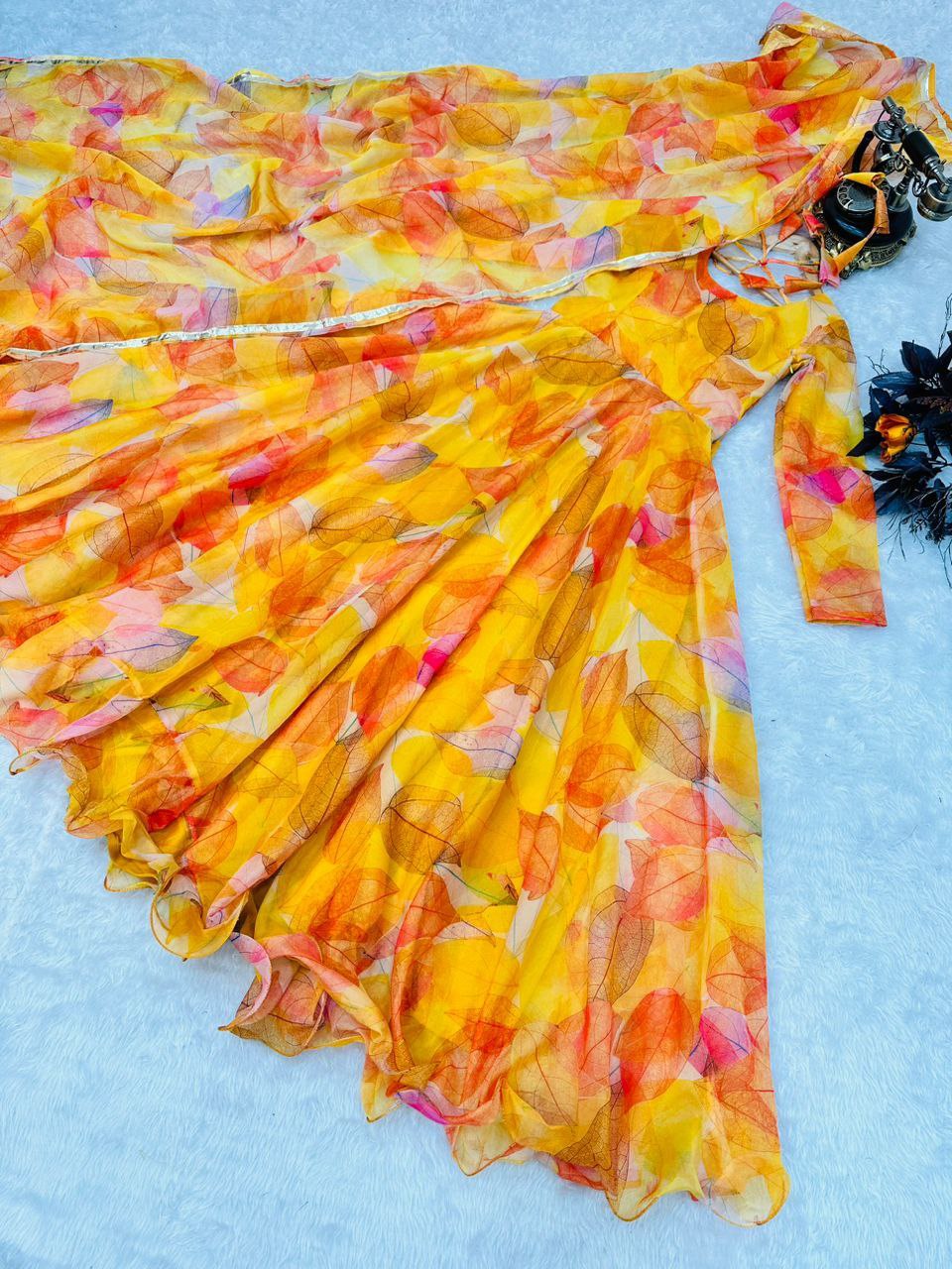Yellow Anarkali Gown in Organza with Digital Print