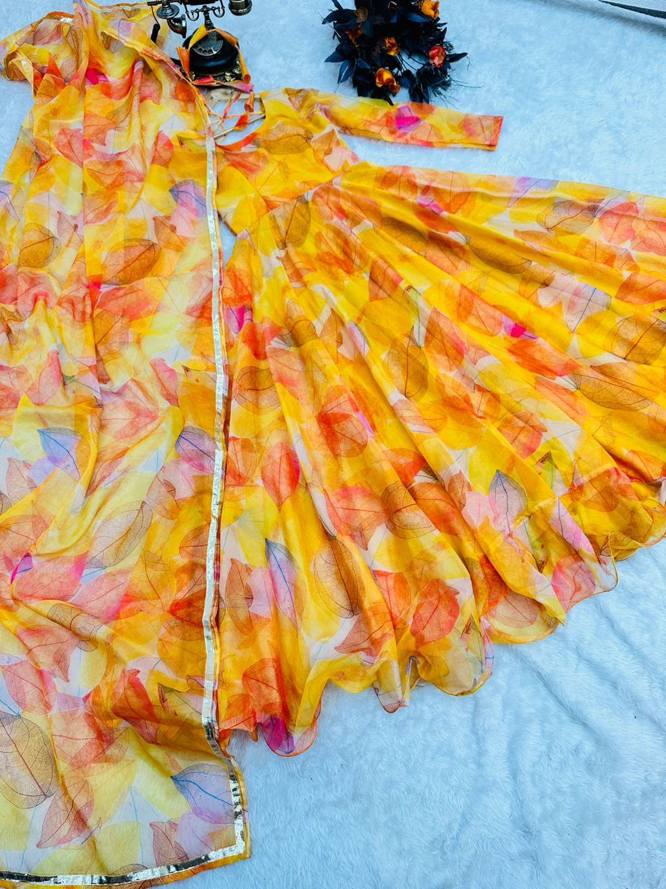 Yellow Anarkali Gown in Organza with Digital Print