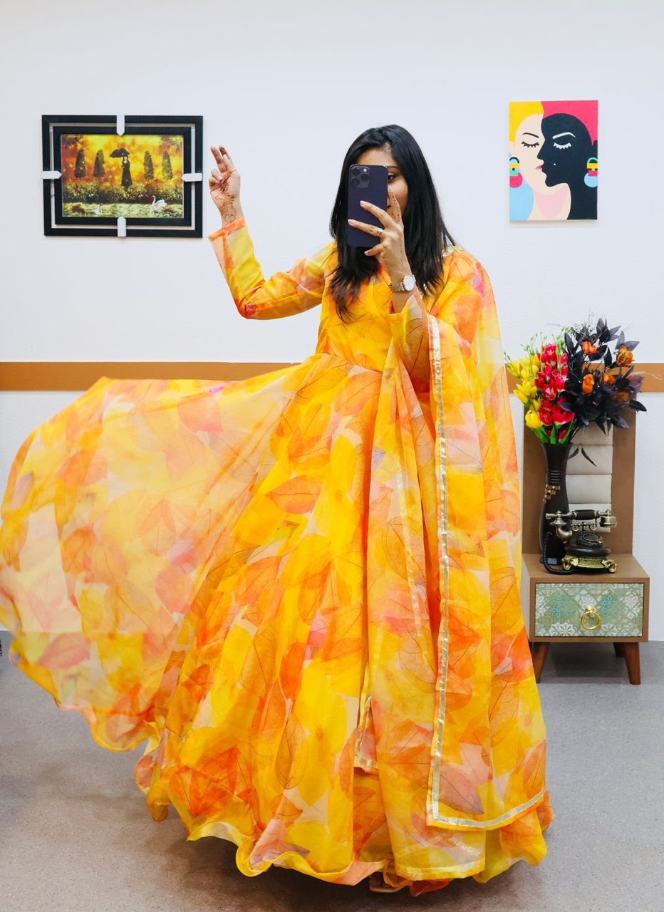 Yellow Anarkali Gown in Organza with Digital Print