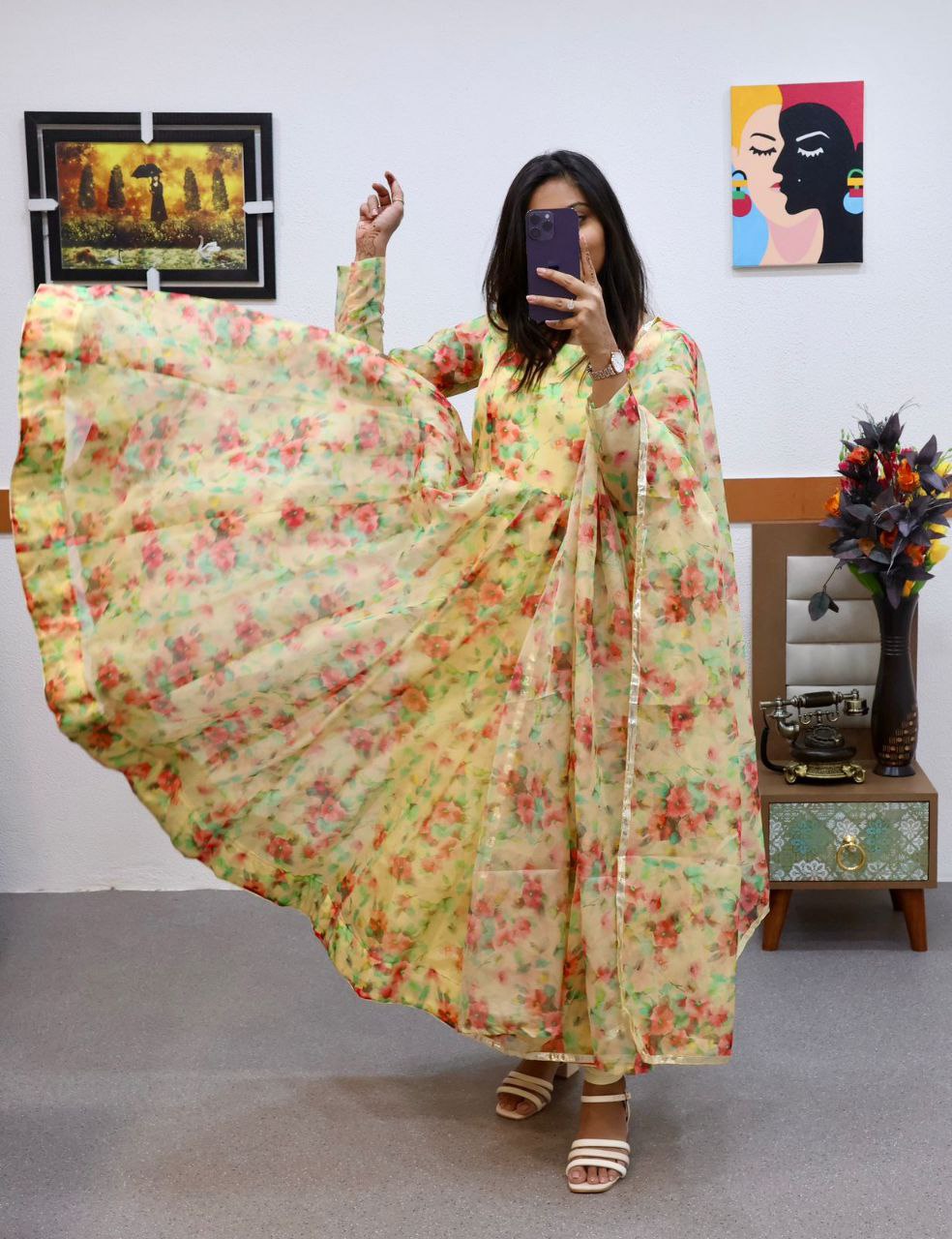 Yellow Anarkali Gown in Organza with Floral Print