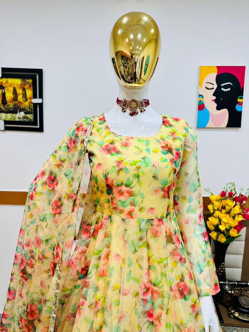 Yellow Anarkali Gown in Organza with Floral Print