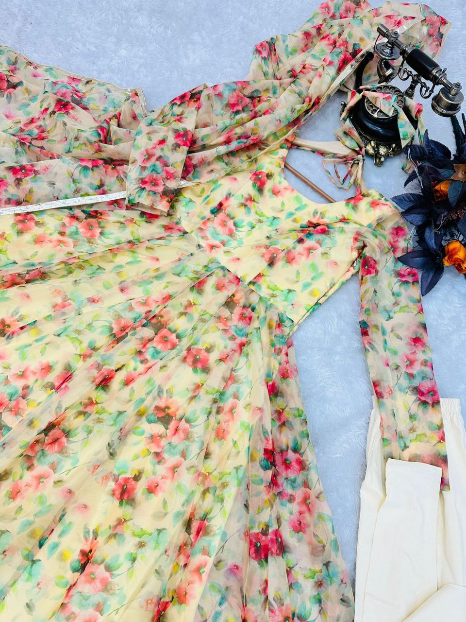 Yellow Anarkali Gown in Organza with Floral Print