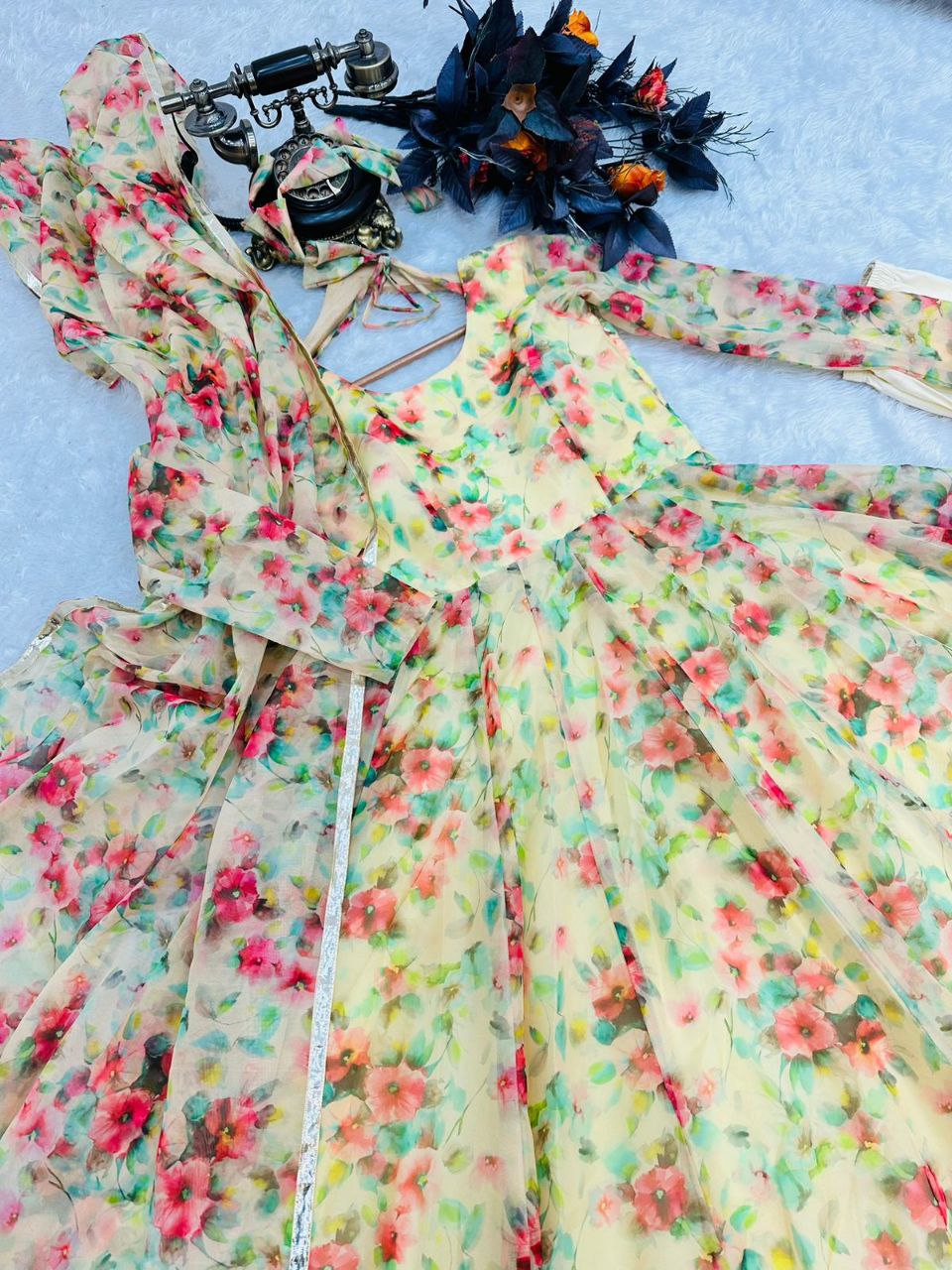 Yellow Anarkali Gown in Organza with Floral Print
