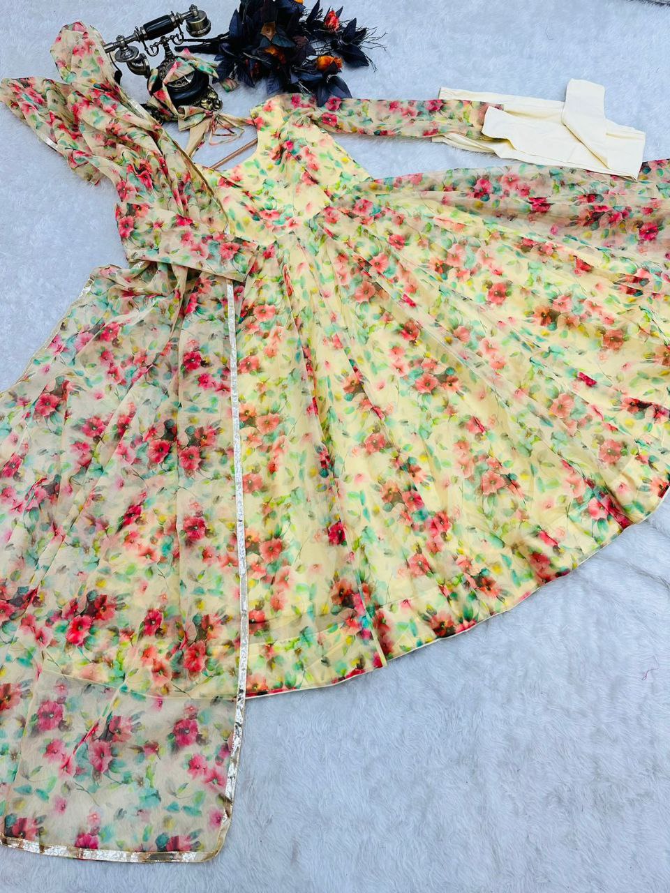 Yellow Anarkali Gown in Organza with Floral Print