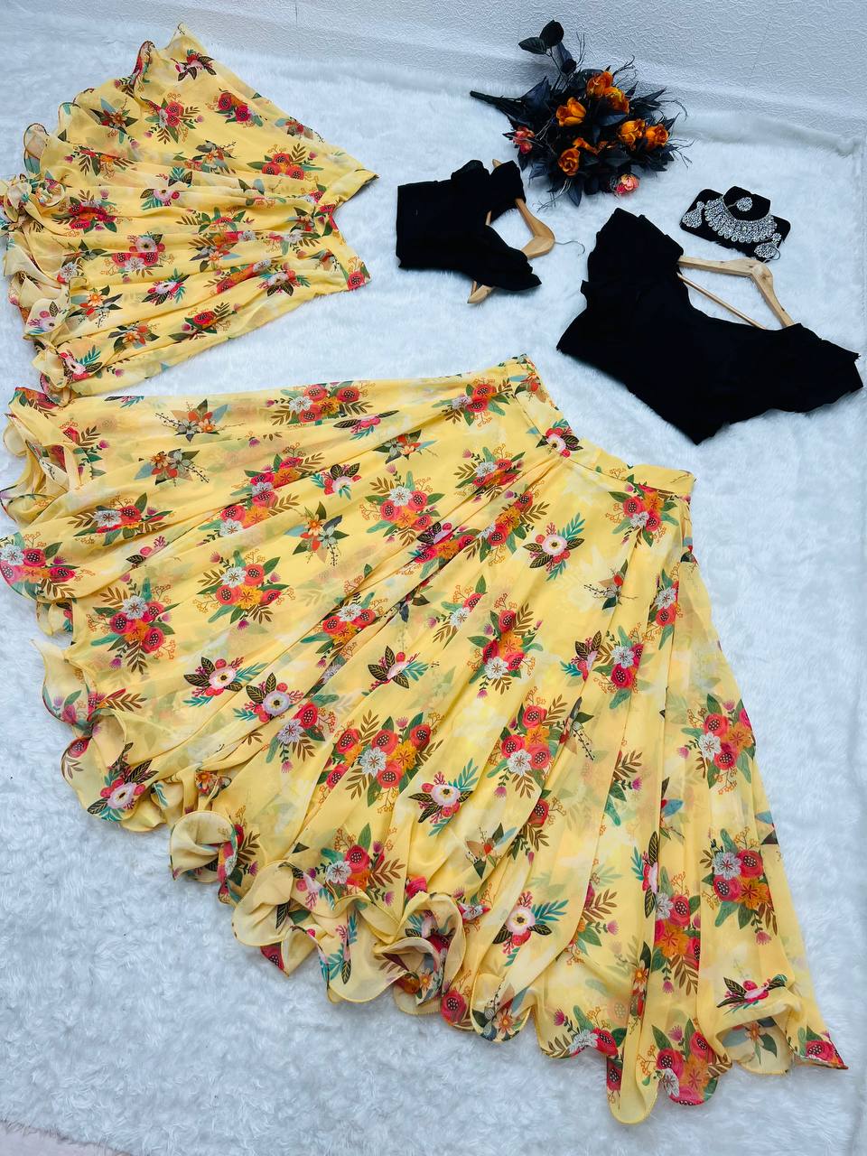 Yellow Color Floral Printed Lehenga with Black Top Mother Daughter Combo