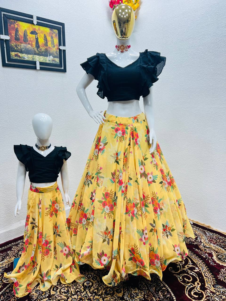 Yellow Color Floral Printed Lehenga with Black Top Mother Daughter Combo