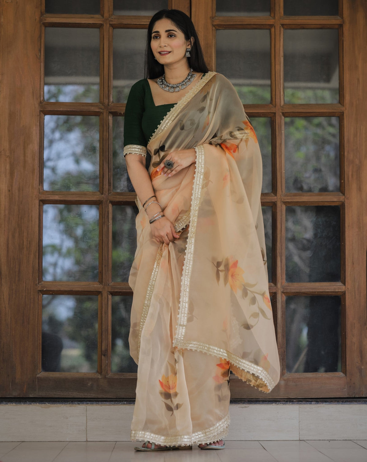 Yellow Color Lace Work Flower Print Organza Saree