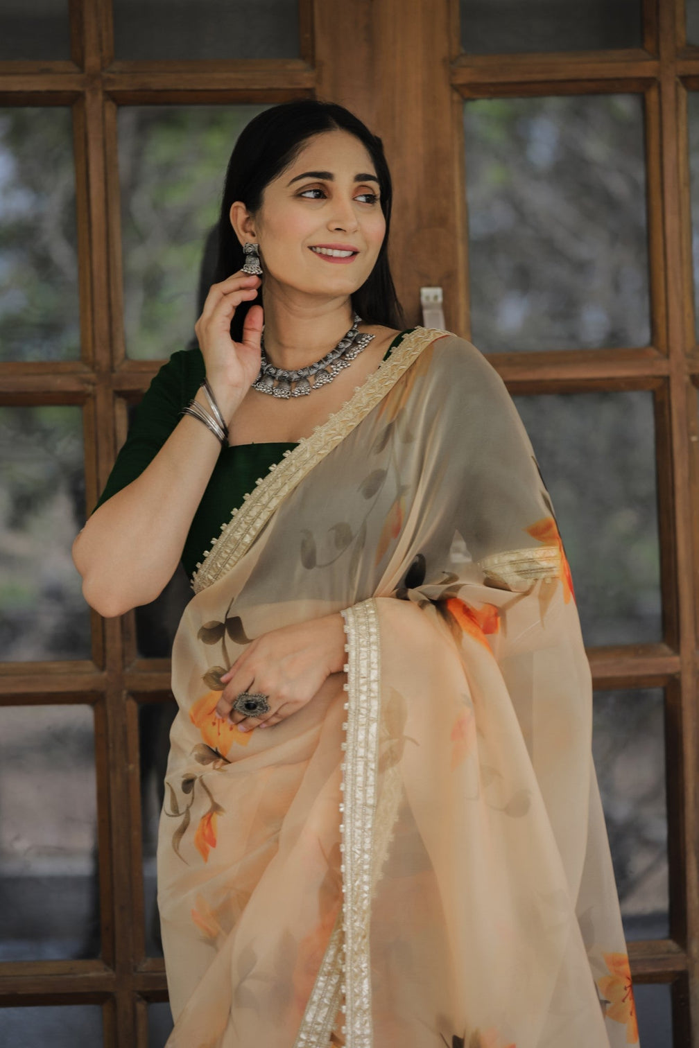 Yellow Color Lace Work Flower Print Organza Saree