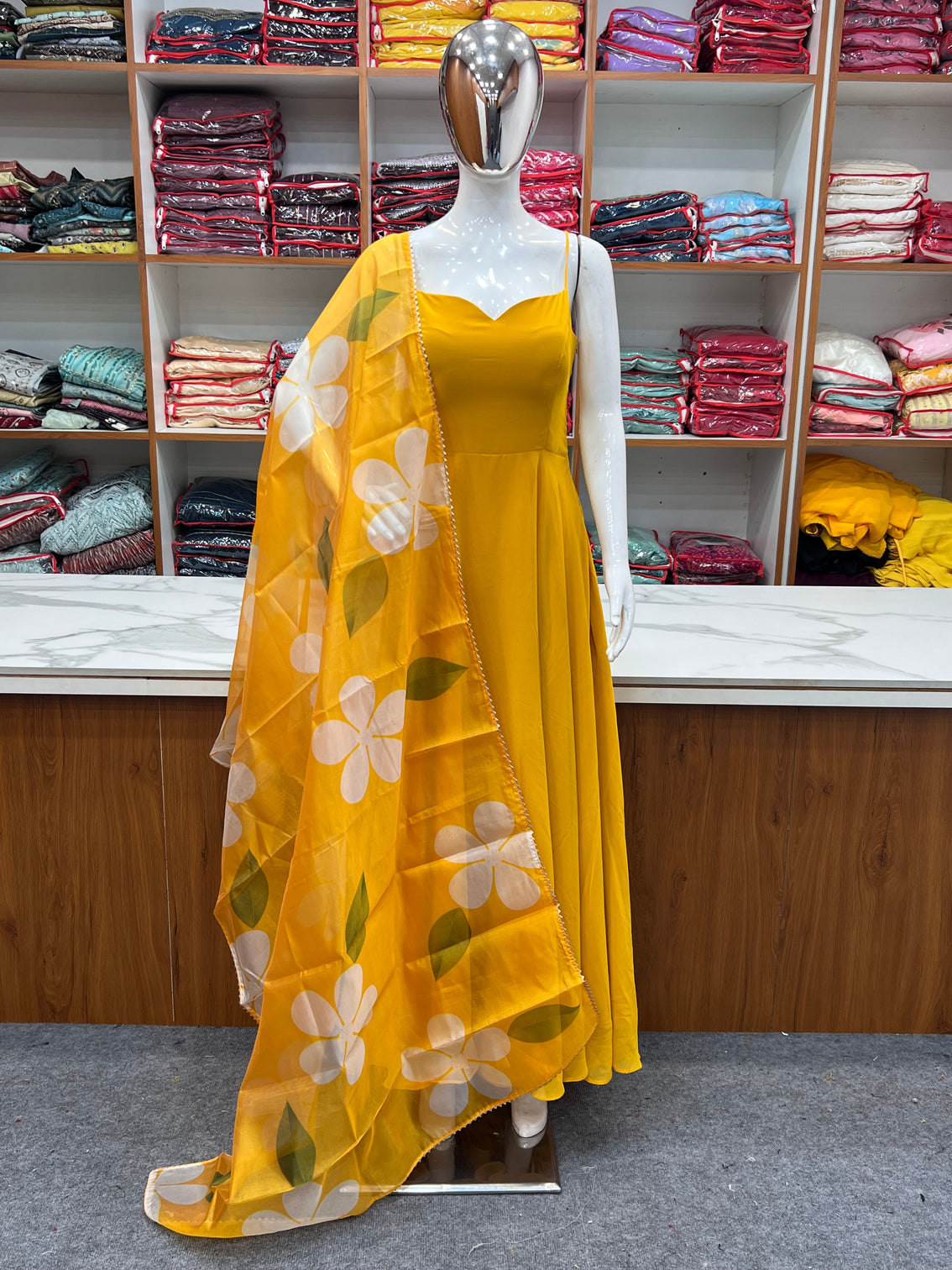 Yellow Color Pure Fux Georgette Fully Flair Gown Dupatta Set Ready To wear Fully Stitched