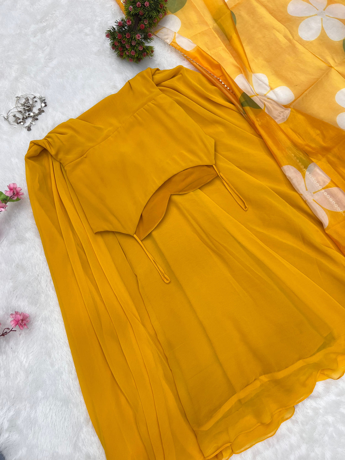 Yellow Color Pure Fux Georgette Fully Flair Gown Dupatta Set Ready To wear Fully Stitched