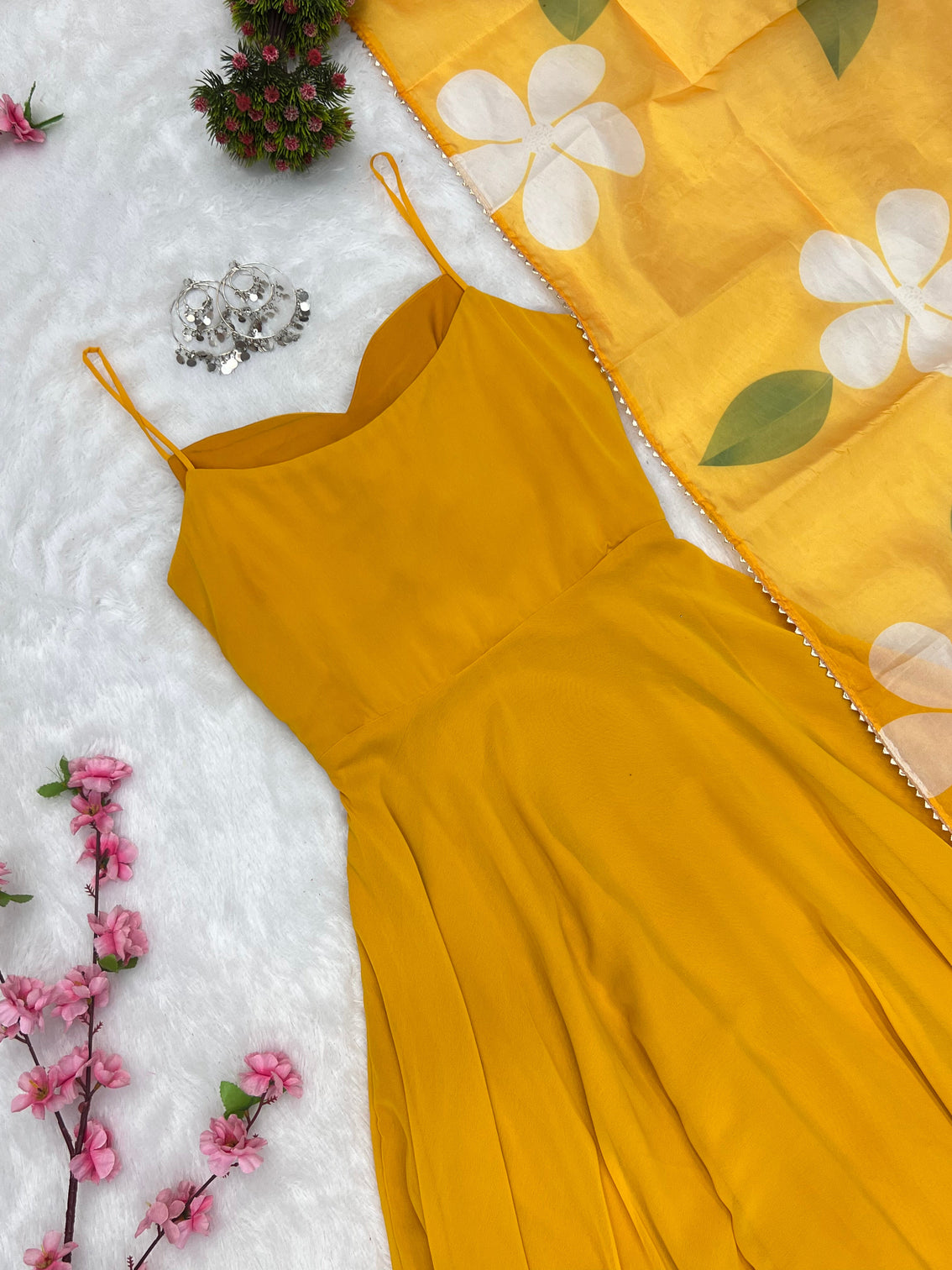 Yellow Color Pure Fux Georgette Fully Flair Gown Dupatta Set Ready To wear Fully Stitched