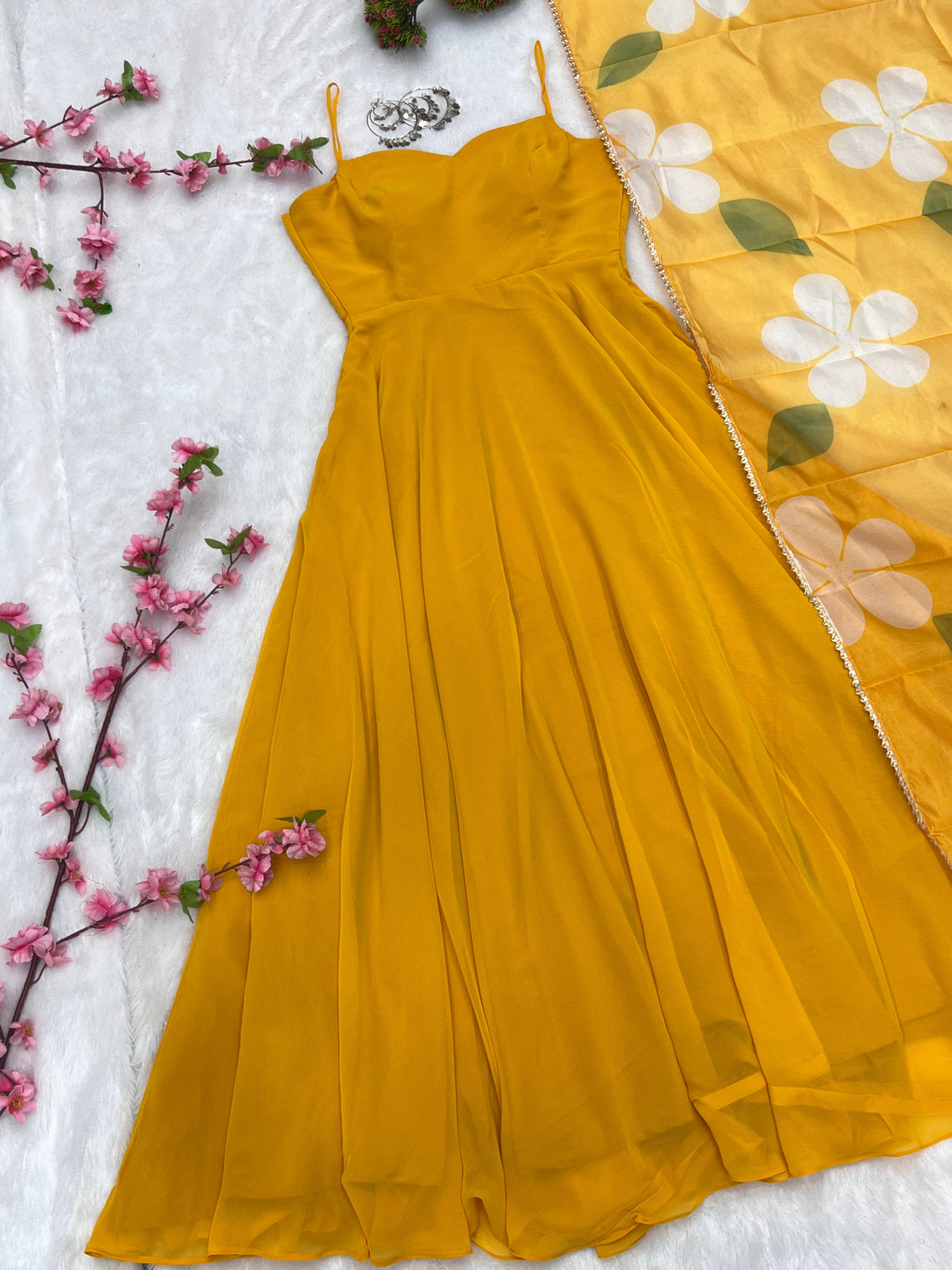 Yellow Color Pure Fux Georgette Fully Flair Gown Dupatta Set Ready To wear Fully Stitched