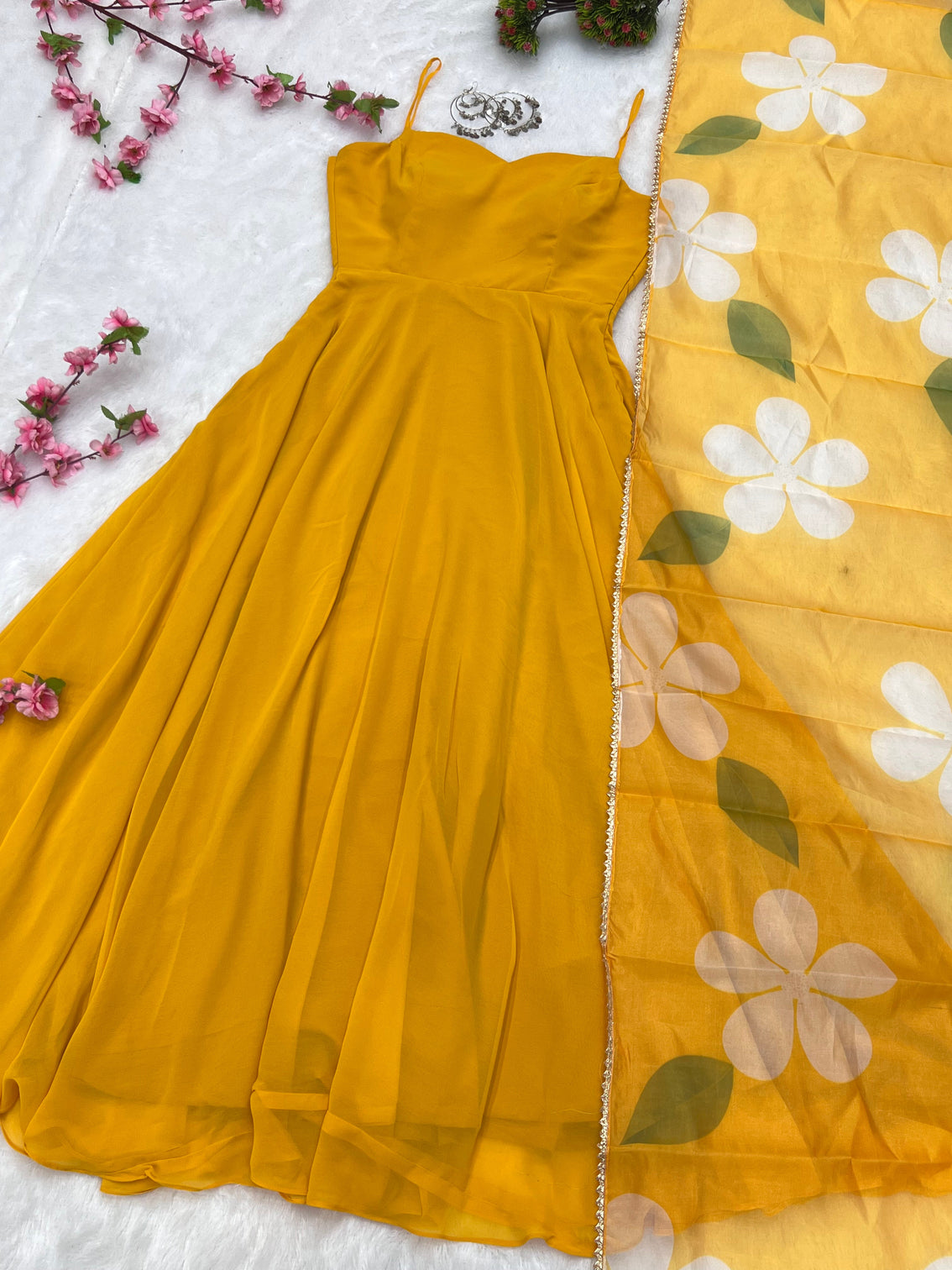 Yellow Color Pure Fux Georgette Fully Flair Gown Dupatta Set Ready To wear Fully Stitched