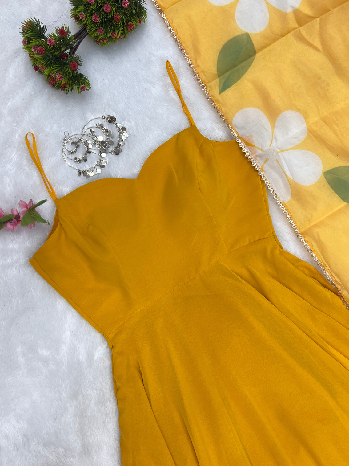 Yellow Color Pure Fux Georgette Fully Flair Gown Dupatta Set Ready To wear Fully Stitched