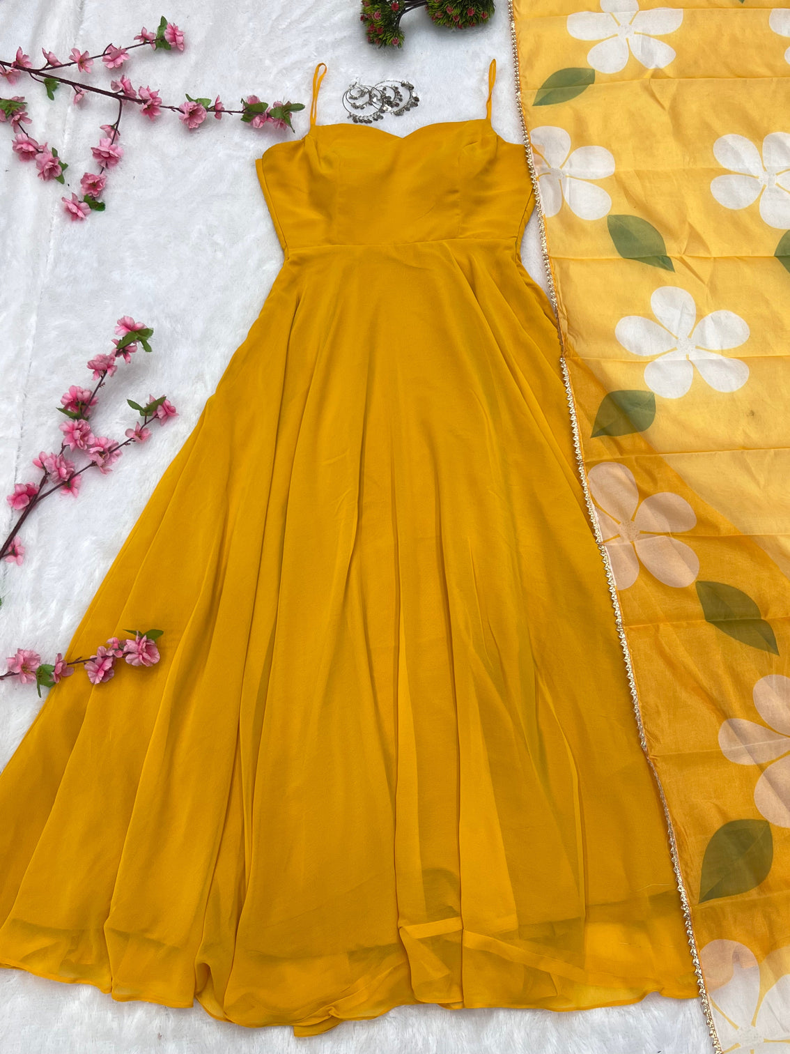Yellow Color Pure Fux Georgette Fully Flair Gown Dupatta Set Ready To wear Fully Stitched