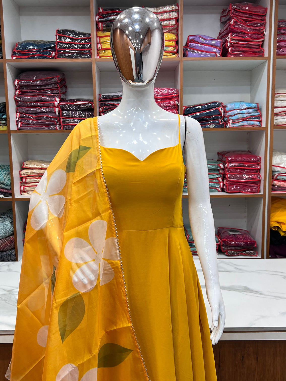 Yellow Color Pure Fux Georgette Fully Flair Gown Dupatta Set Ready To wear Fully Stitched
