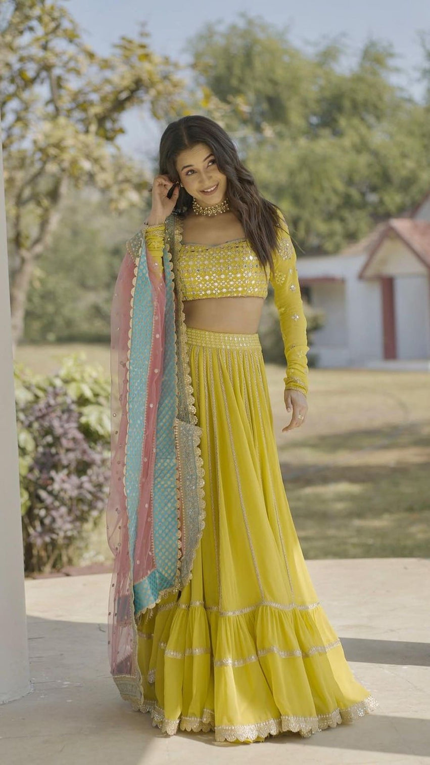 Yellow Designer Embroidered Lehenga Choli In Georgette For Bridal Marriage Mehendi Sangeet Party Wear