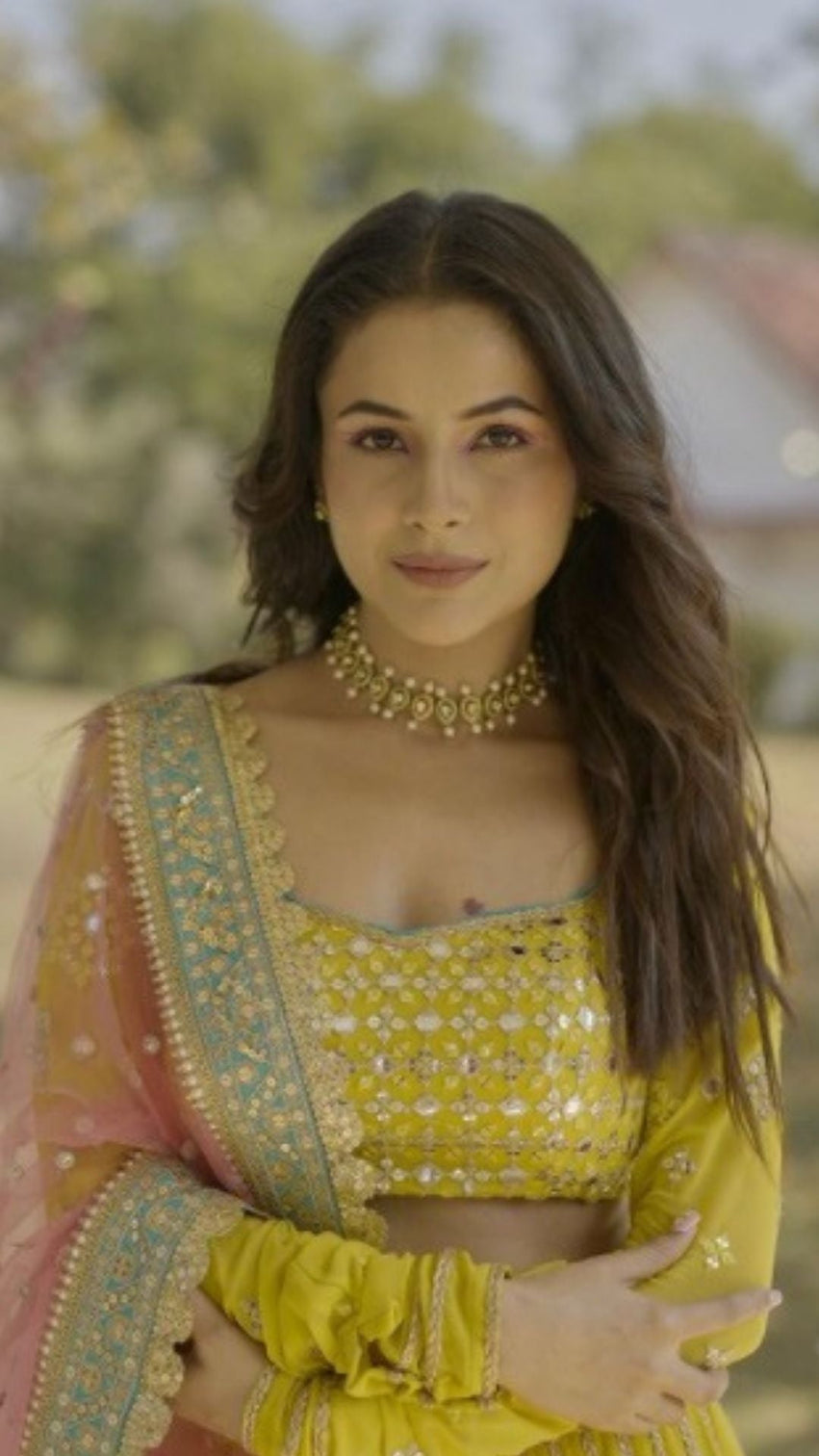 Yellow Designer Embroidered Lehenga Choli In Georgette For Bridal Marriage Mehendi Sangeet Party Wear