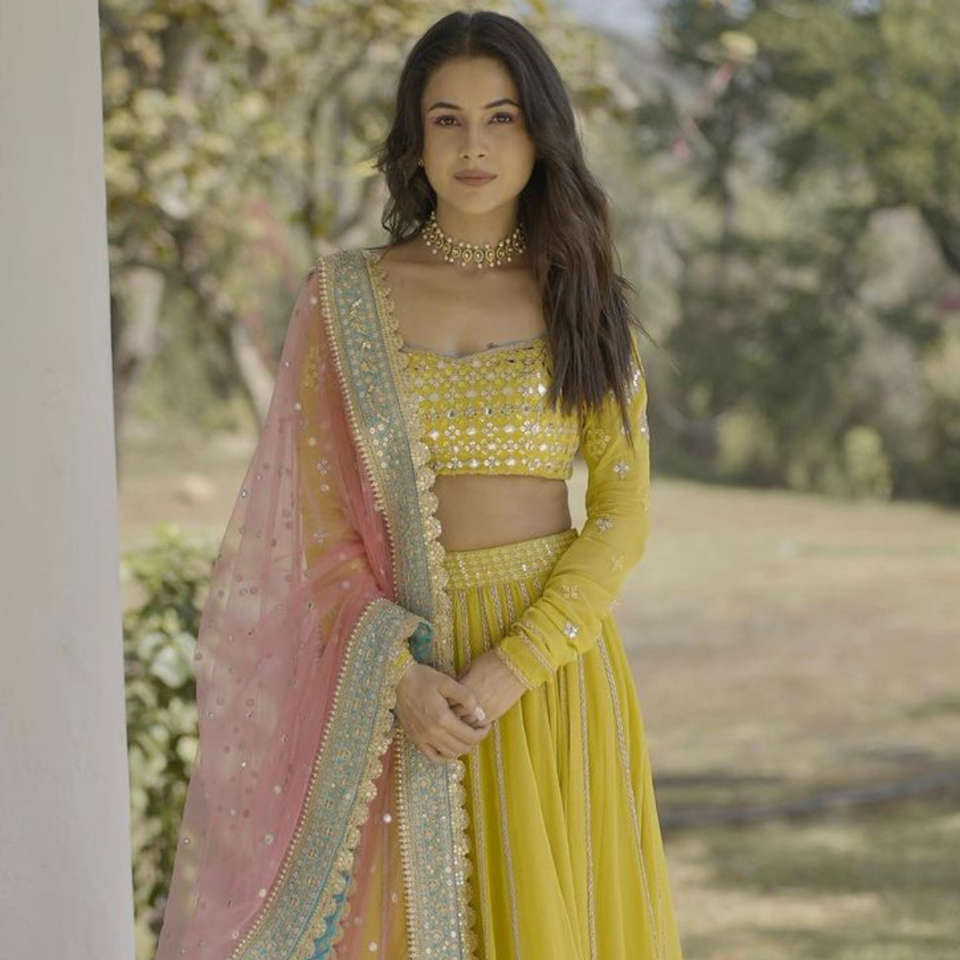 Yellow Designer Embroidered Lehenga Choli In Georgette For Bridal Marriage Mehendi Sangeet Party Wear