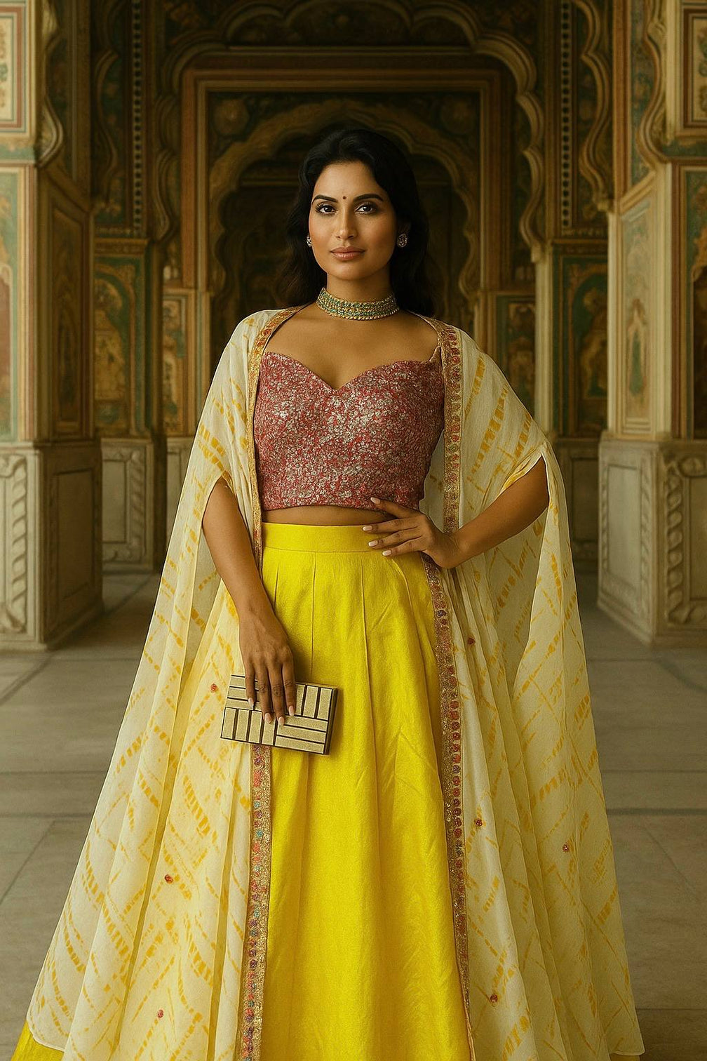 Yellow Elegant Kasturi Slub Silk Lehenga Set with Georgette Shibori Koti – Foil Mirror & Thread Work, Unstitched Blouse