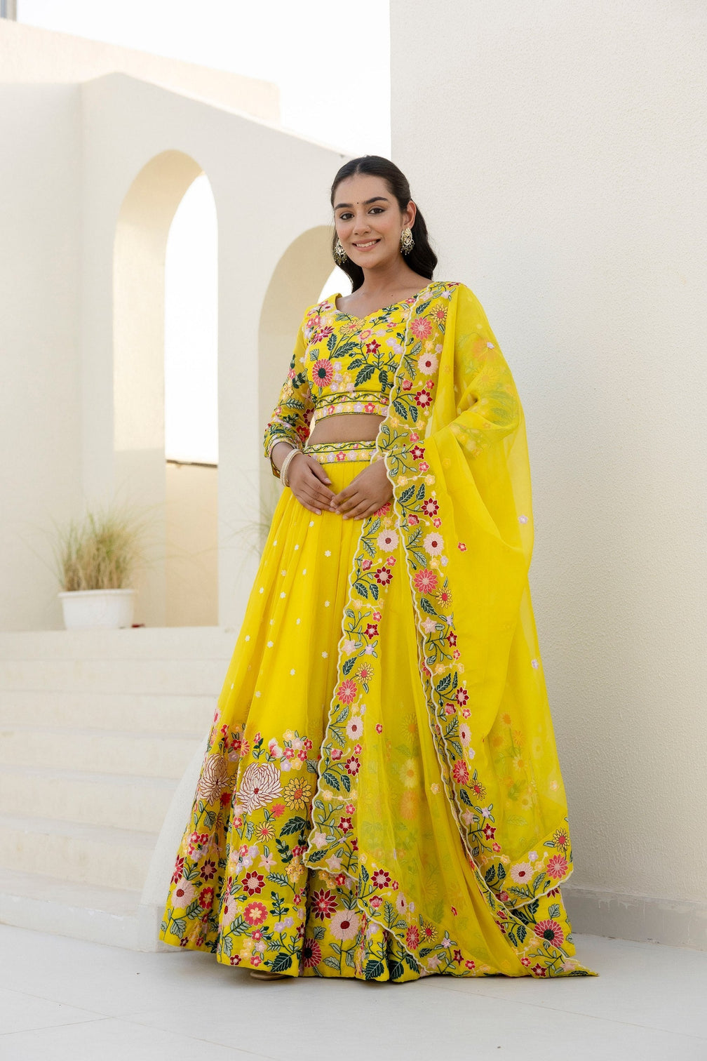 Yellow Elegant Organza Embroidered Lehenga Set with Sequins Work & Dupatta