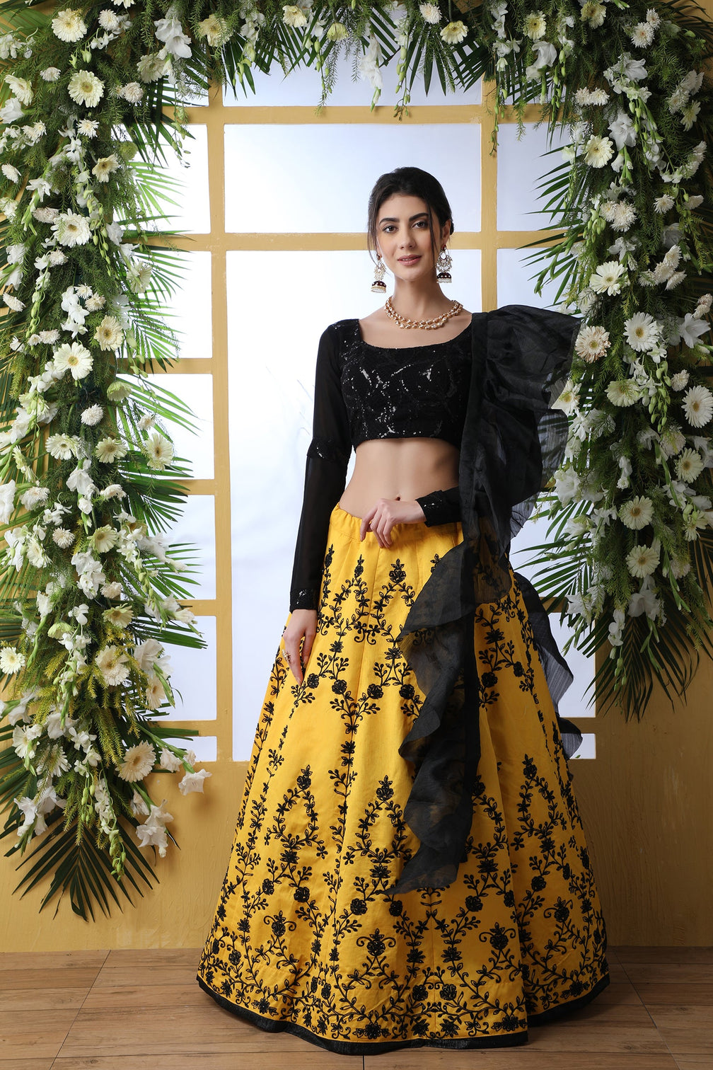 Yellow Embroidered Art Silk Lehenga Choli With Ruffle Dupatta