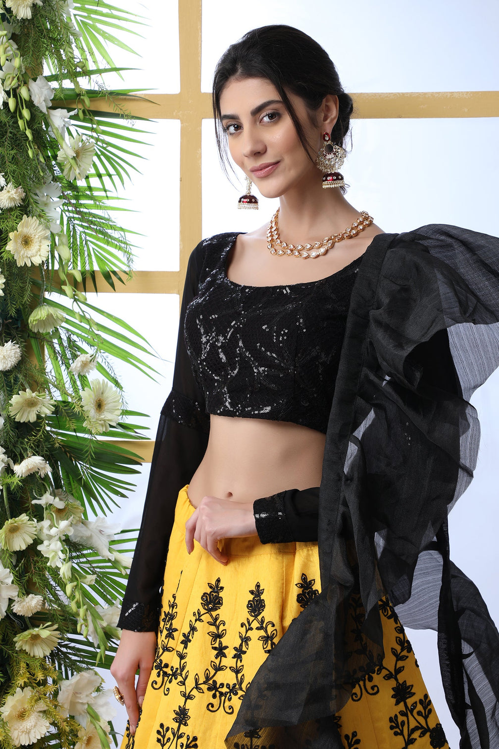 Yellow Embroidered Art Silk Lehenga Choli With Ruffle Dupatta