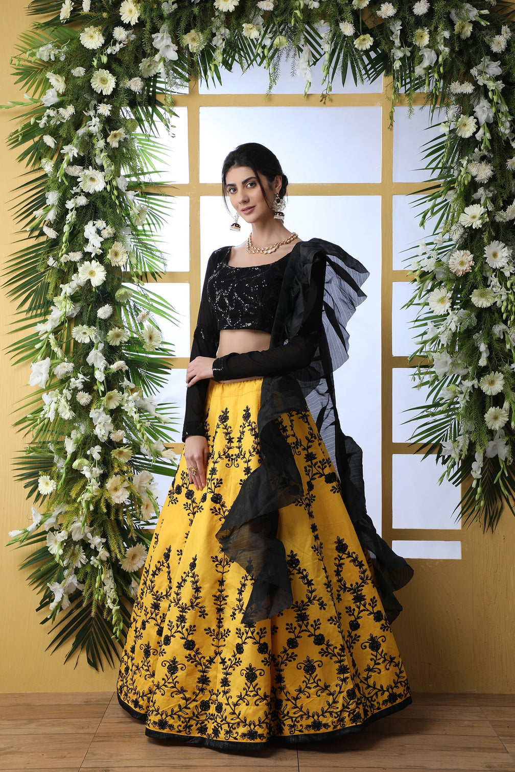 Yellow Embroidered Art Silk Lehenga Choli With Ruffle Dupatta