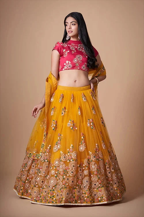 Yellow Floral Sequins Embroidered With Mirror Lehenga Choli Ensemble