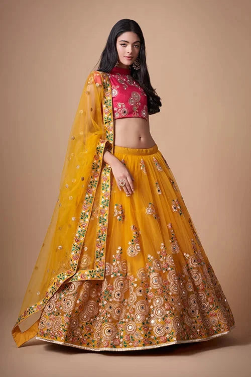 Yellow Floral Sequins Embroidered With Mirror Lehenga Choli Ensemble