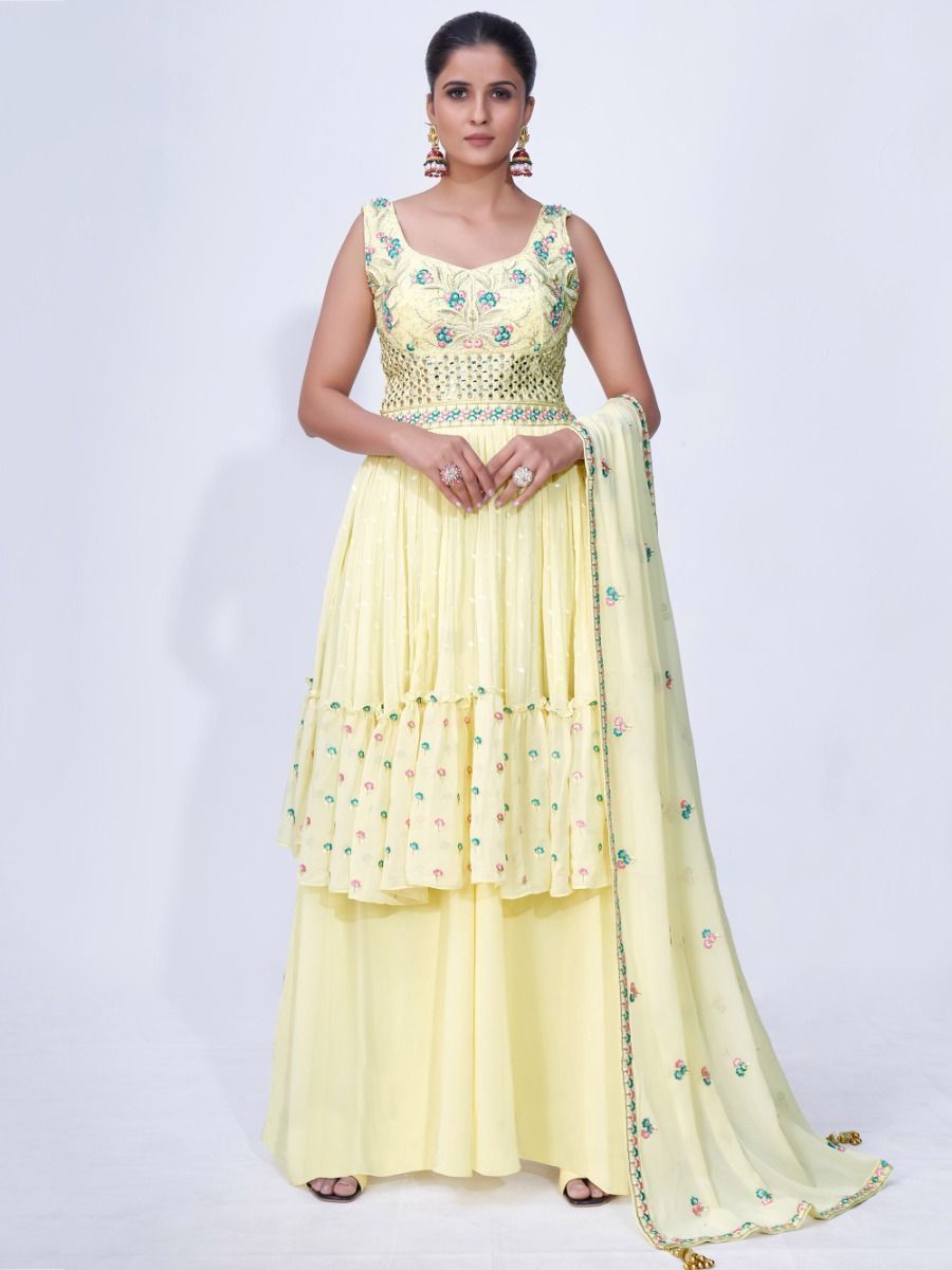 Yellow Mirror Work Multi Embroidery Chiffon Palazzo Suit