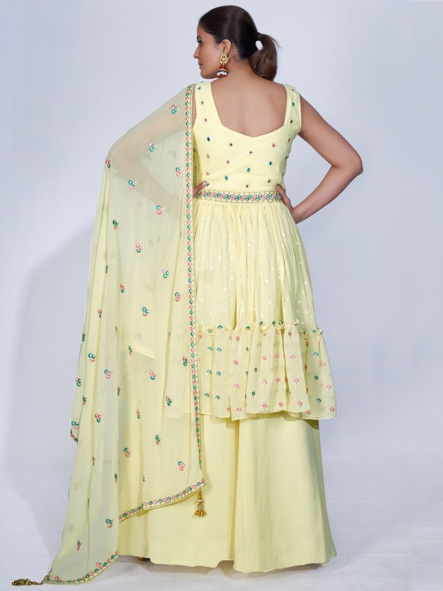 Yellow Mirror Work Multi Embroidery Chiffon Palazzo Suit