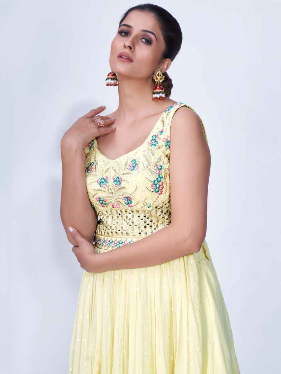 Yellow Mirror Work Multi Embroidery Chiffon Palazzo Suit