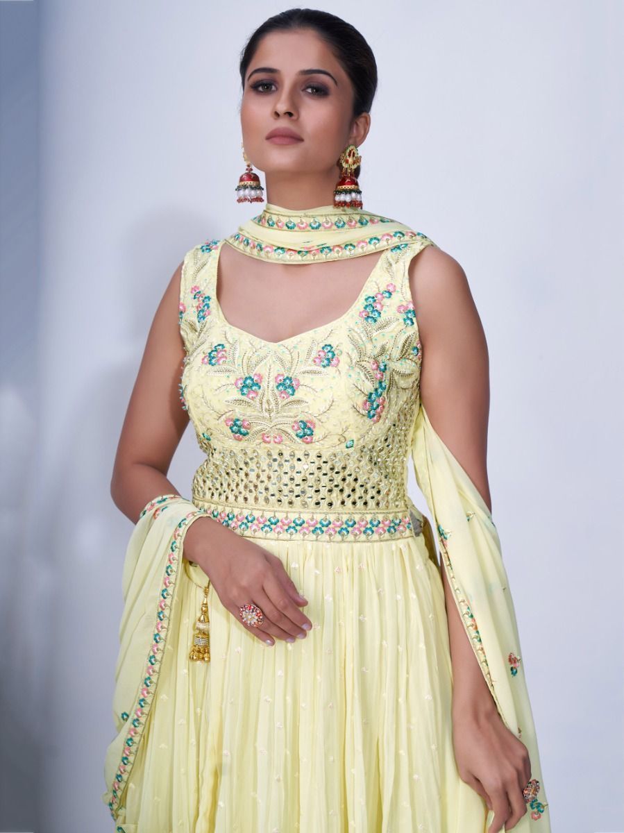 Yellow Mirror Work Multi Embroidery Chiffon Palazzo Suit