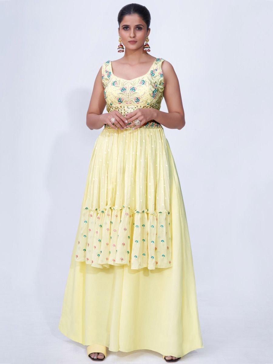 Yellow Mirror Work Multi Embroidery Chiffon Palazzo Suit