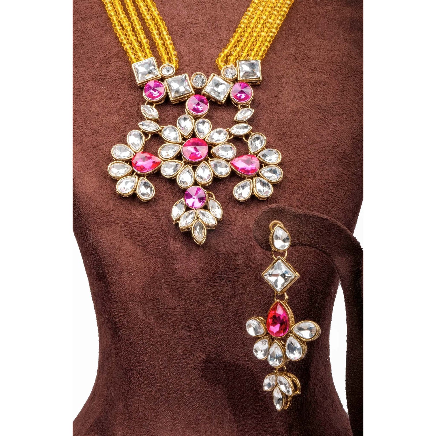 Yellow Pearl and Pink Dimond Necklace Alloy Gold-plated Jewel Set