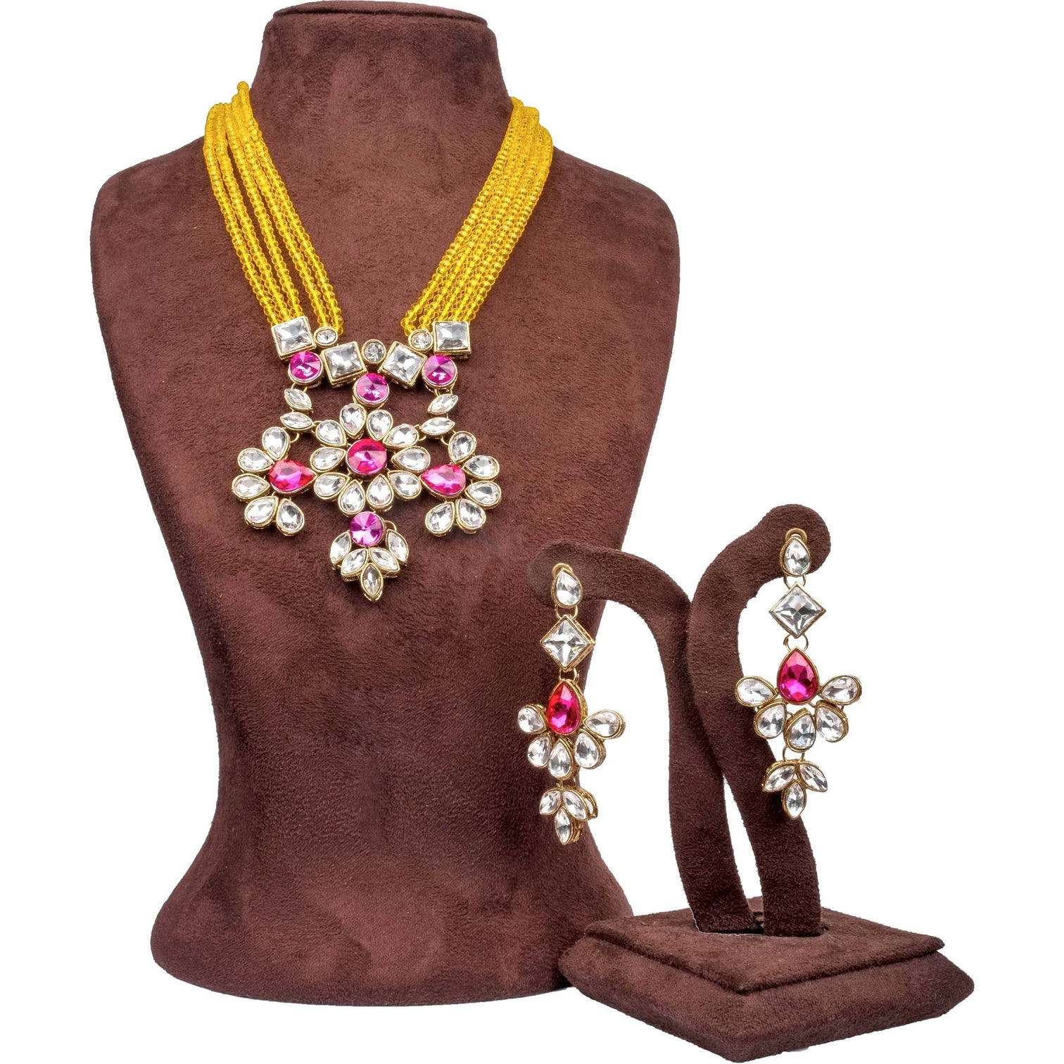 Yellow Pearl and Pink Dimond Necklace Alloy Gold-plated Jewel Set