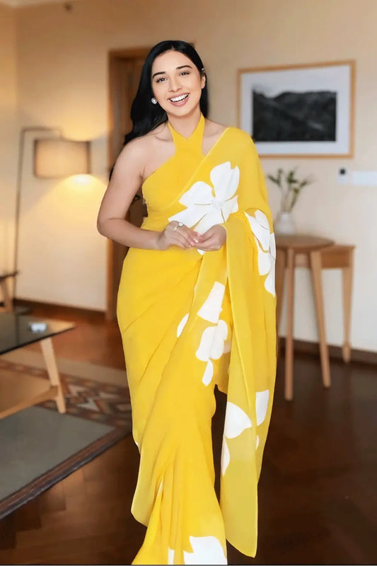 Yellow Ready To Wear Saree For Farewell