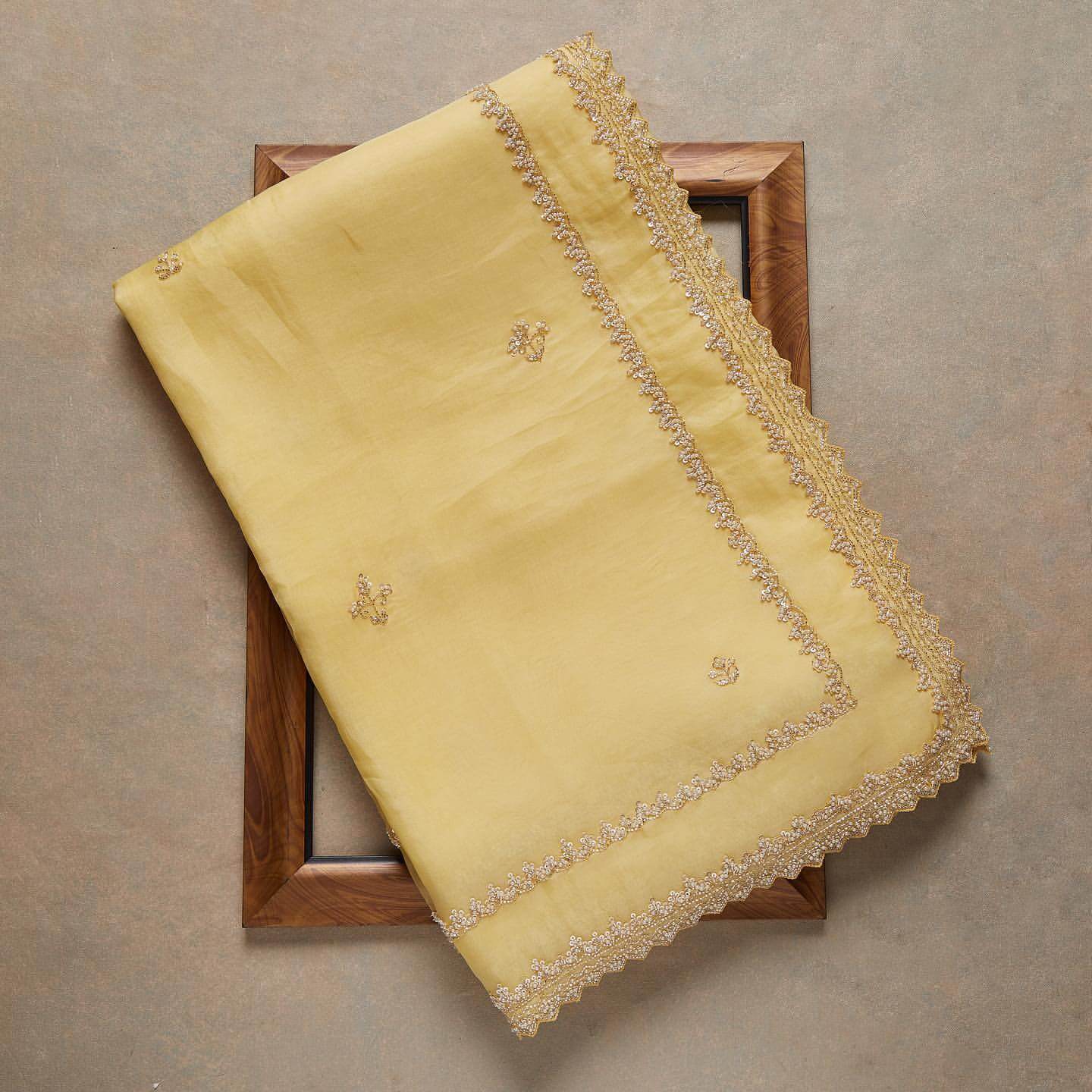 Yellow Saree in Organza Silk With Resham Work With Unstitched Blouse
