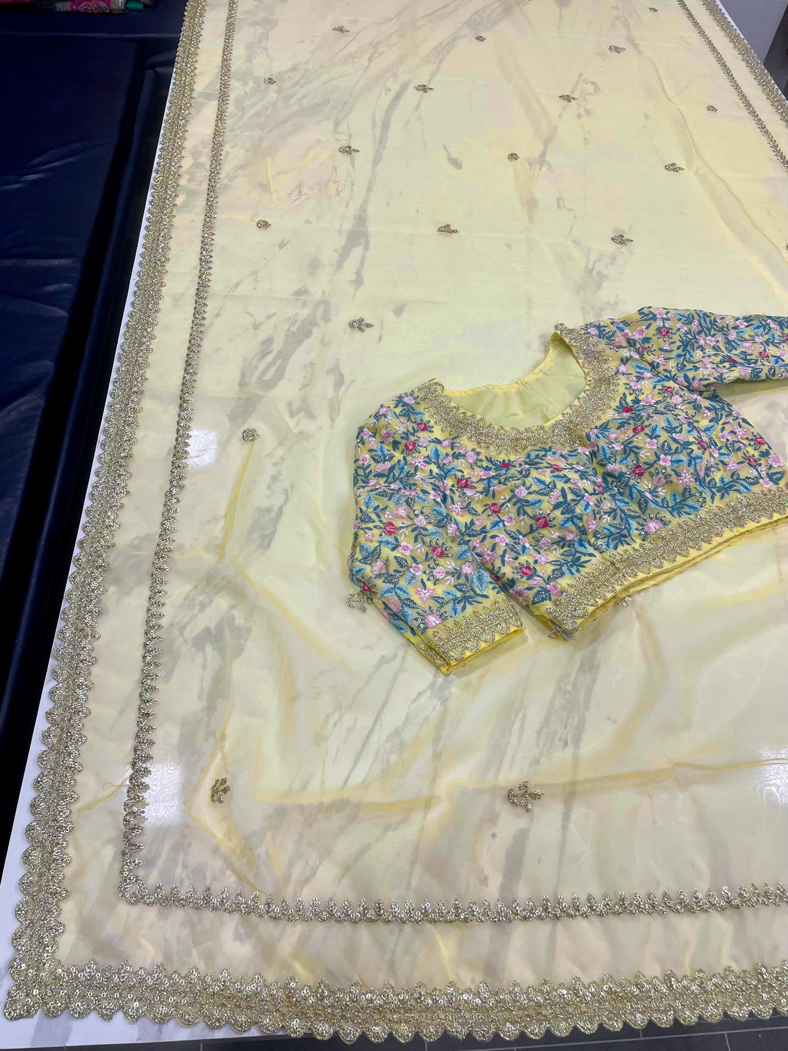 Yellow Saree in Organza Silk With Resham Work With Unstitched Blouse