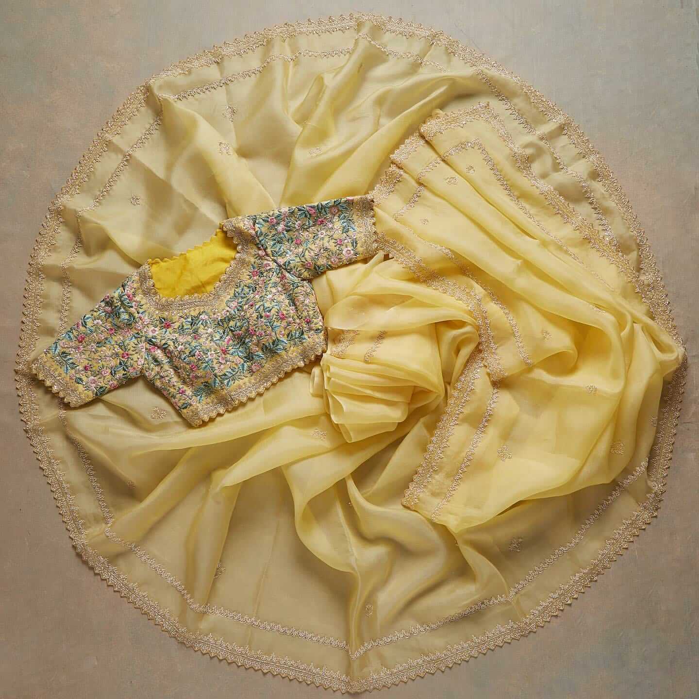 Yellow Saree in Organza Silk With Resham Work With Unstitched Blouse