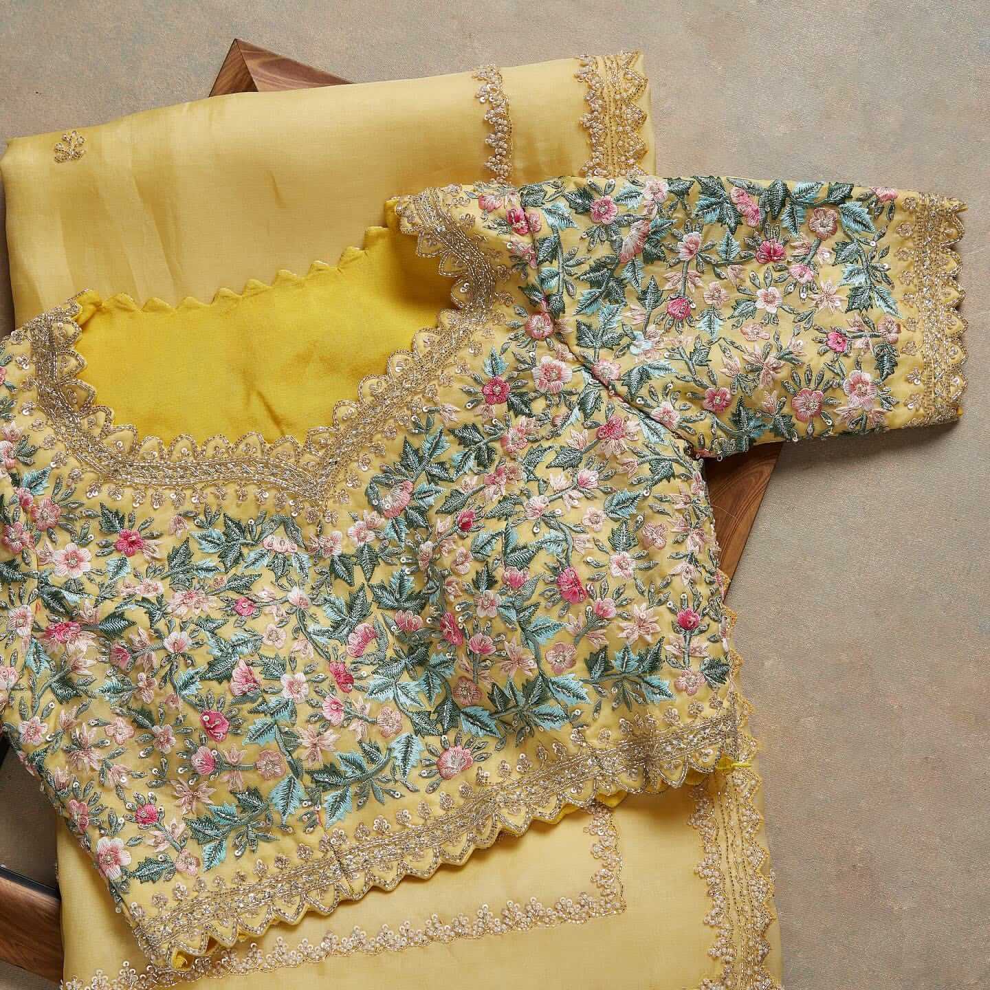 Yellow Saree in Organza Silk With Resham Work With Unstitched Blouse
