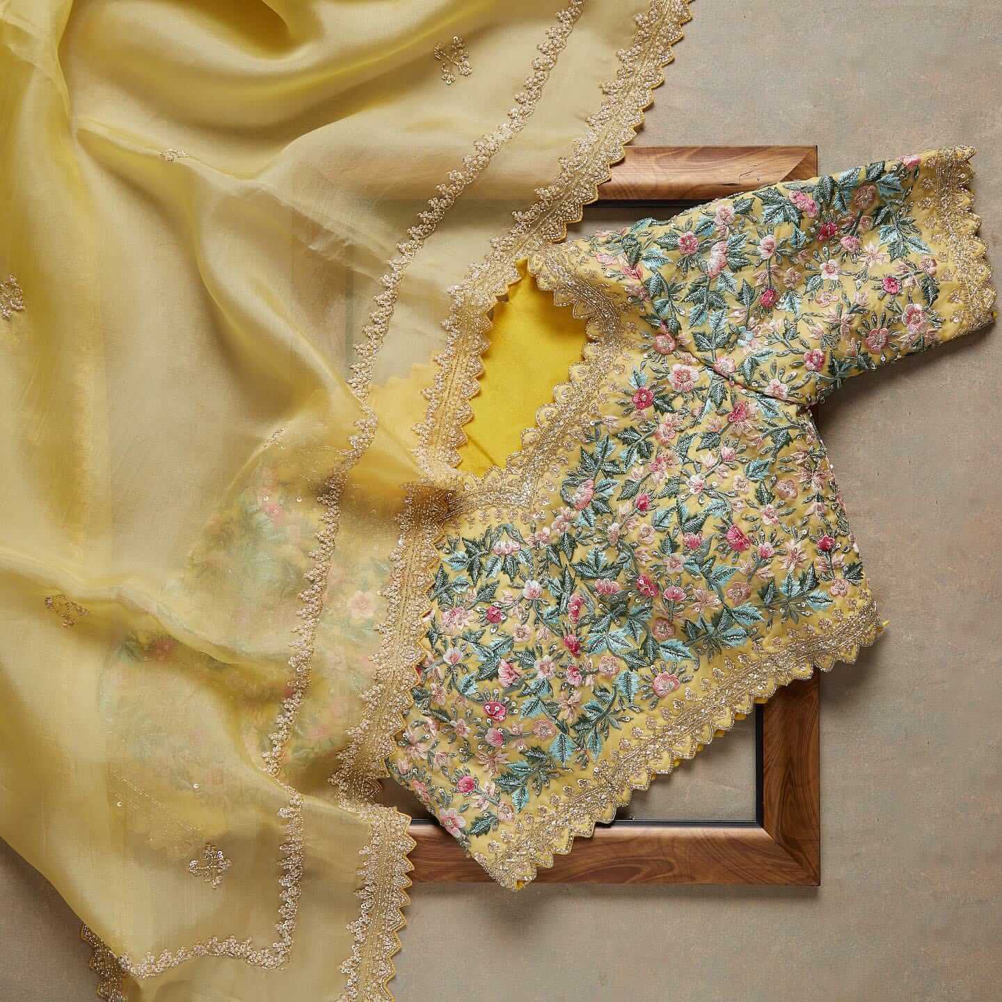 Yellow Saree in Organza Silk With Resham Work With Unstitched Blouse