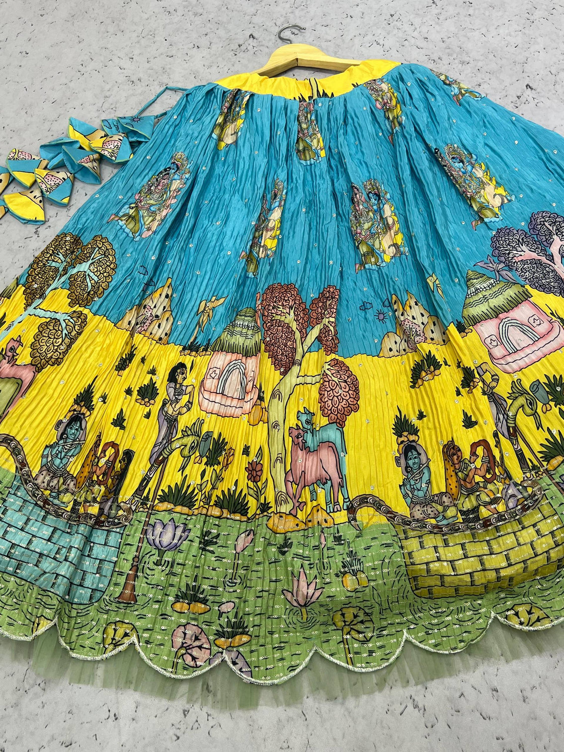 Yellow Silk Crepe Printed Lehenga Set with Embroidery & Sequins Work