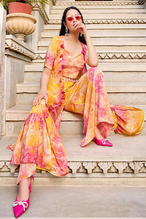 Yellow Silk Print Work Three Piece Co-Ord Set