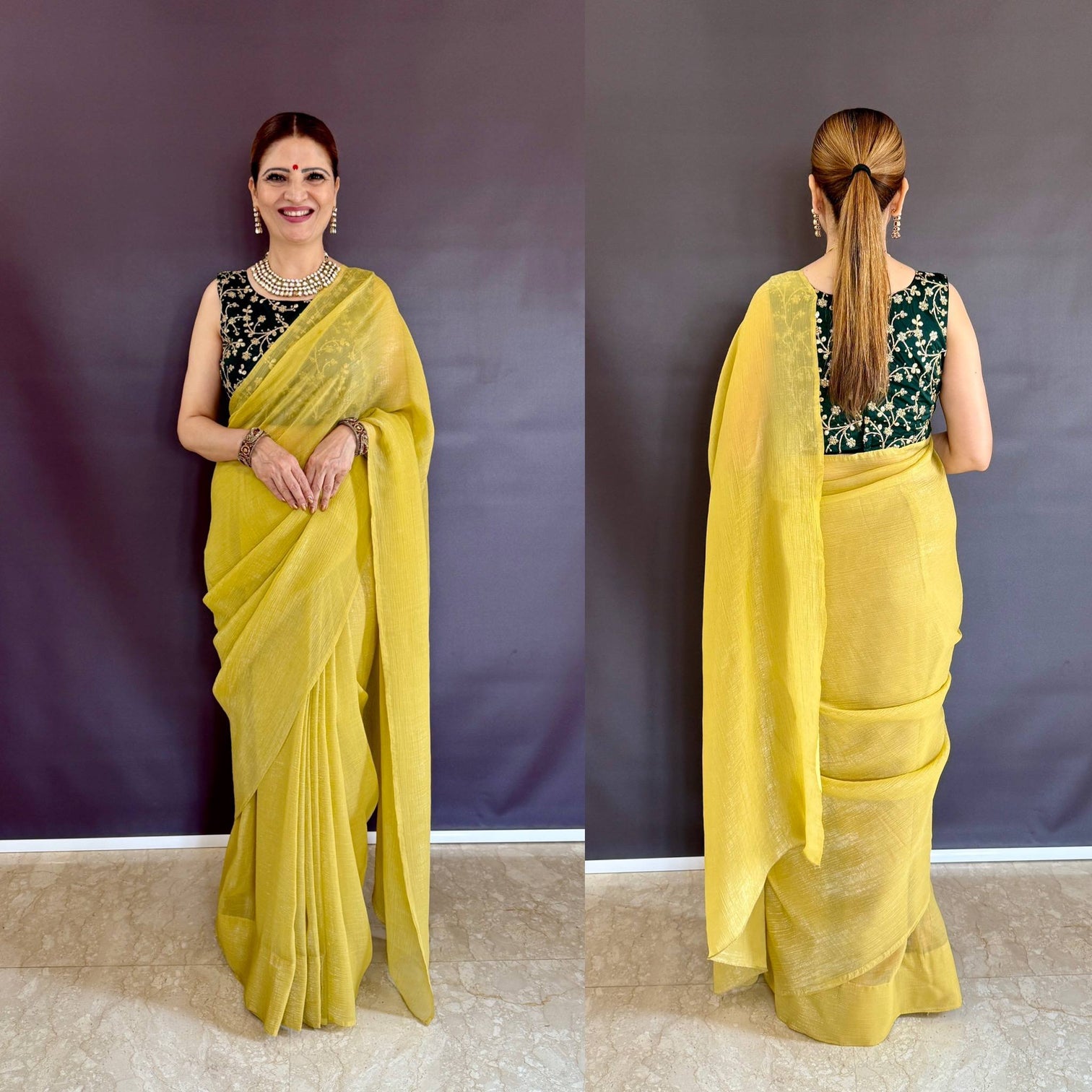 Yellow Sleeveless Charm, Jacketed Grace – Sparkle Silk Saree Set with Kasturi Silk Blouse & Koti