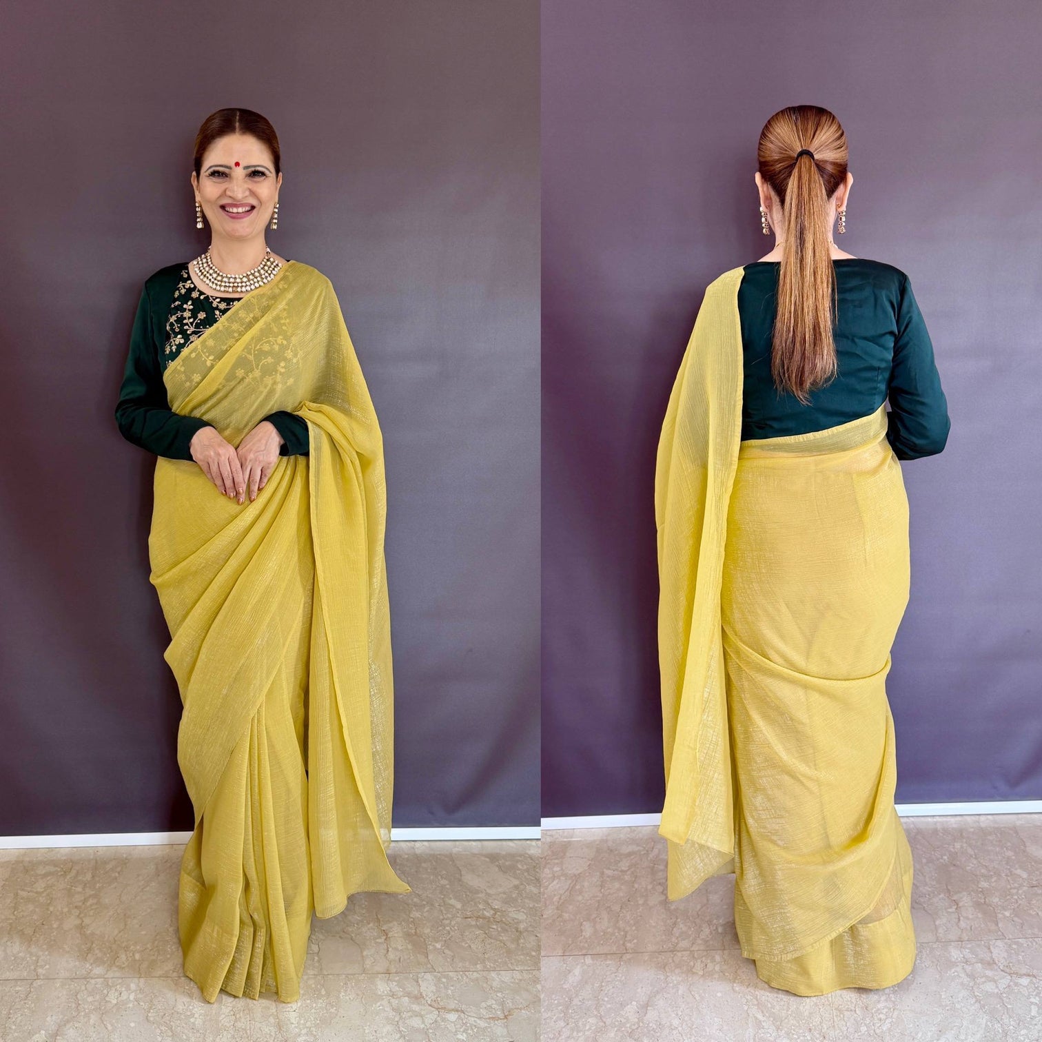 Yellow Sleeveless Charm, Jacketed Grace – Sparkle Silk Saree Set with Kasturi Silk Blouse & Koti